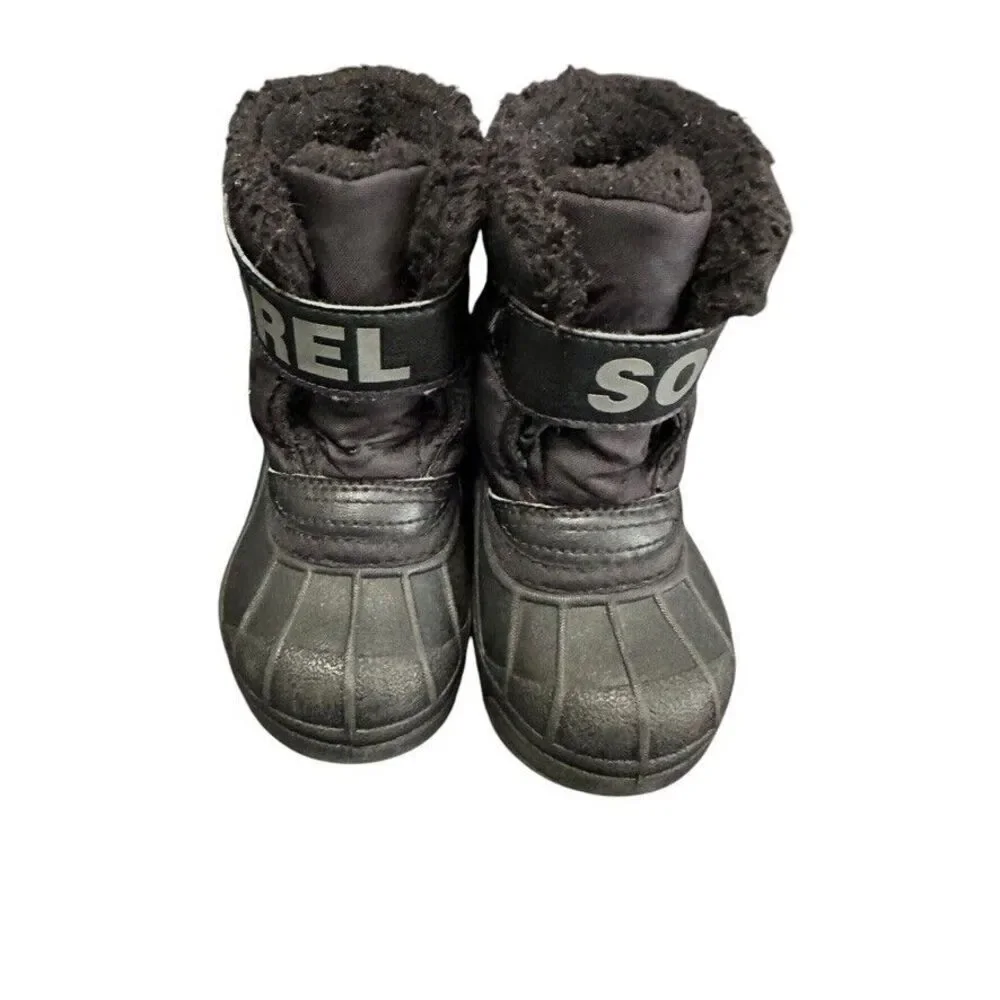 Sorel Snow Commander Hook &‎ Loop Strap Boots Toddler 6 Black Faux Fur-Lined